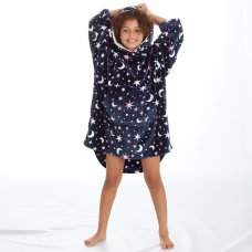 18C840: Older Girls Moons & Stars Print Over Sized Plush Hoodie (One Size - 7-13 Years)